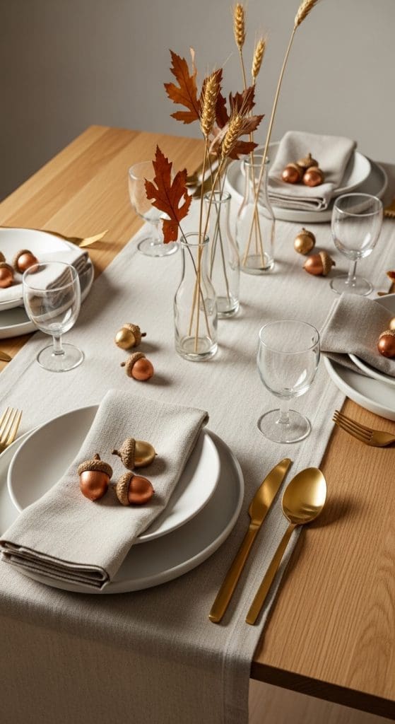 Spray-painted acorns on neutral napkins on white plates on a fall table