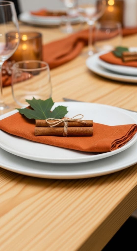 orange napkin on a white plate with a cinnamon stick tied with twine