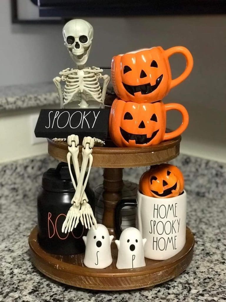 tiered tray decorated for halloween
