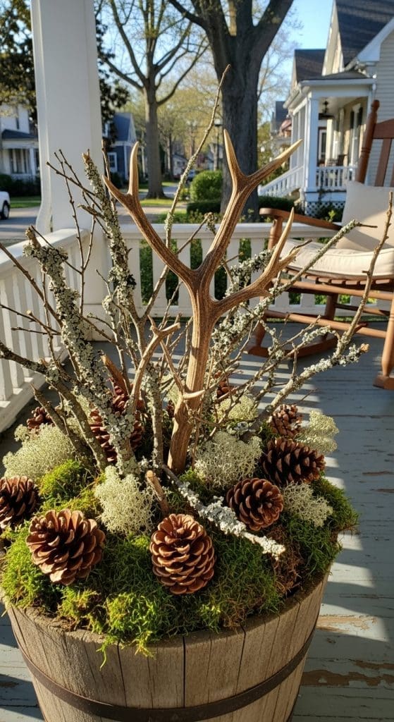 Winter planter with moss, pinecones and antlers