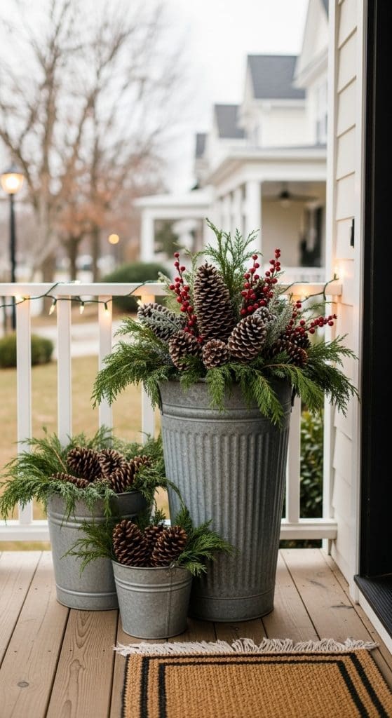 winter planter in galvanized buckets with pine cones and red berries