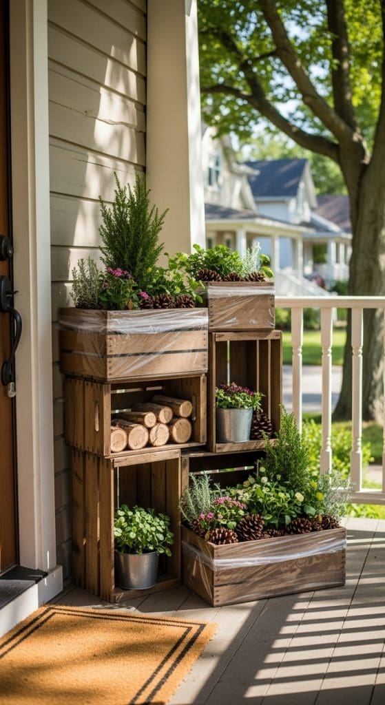 rustic wooden crates holding evergreen plants