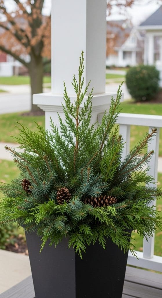 Winter Planter Ideas with evergreen branches and pinecones on front porch