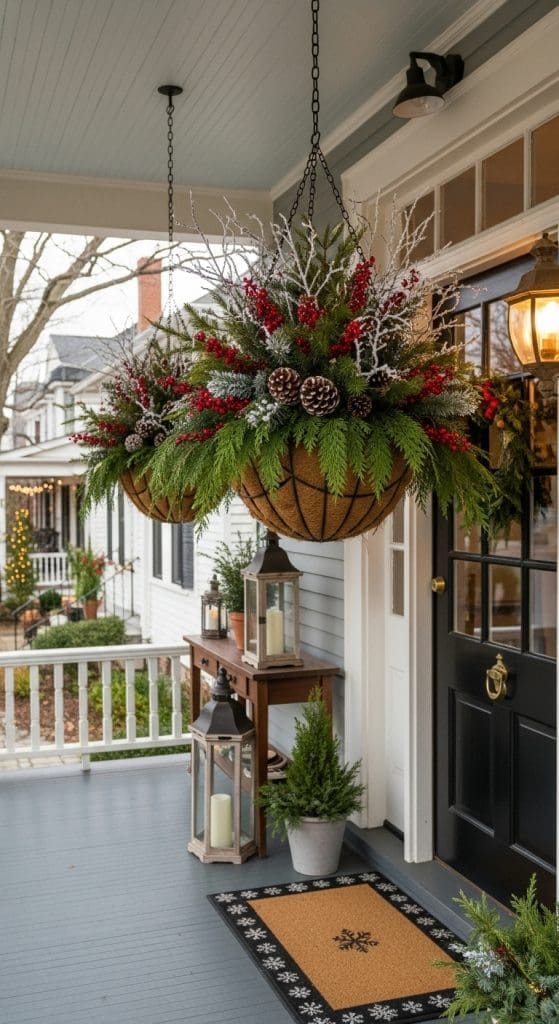 Winter Planter hnaging baskets framing front door of home