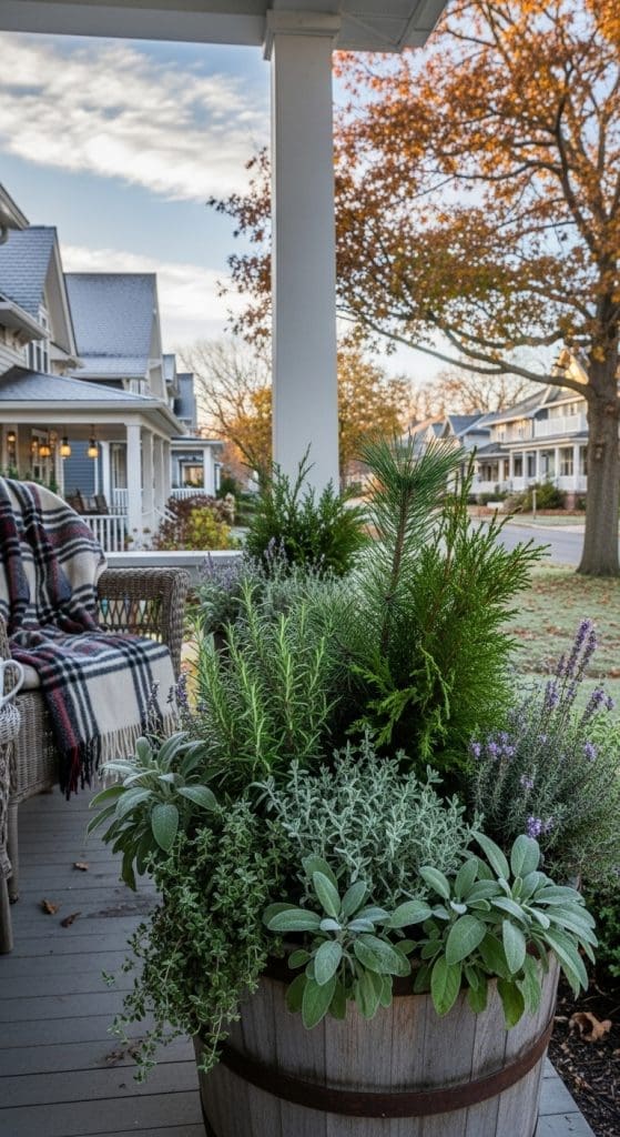 winter herbs in a planter on front porch 