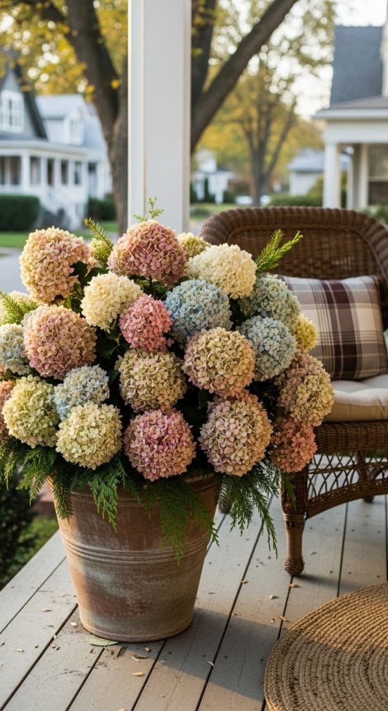 dried hydrangeas in pot on front porch 