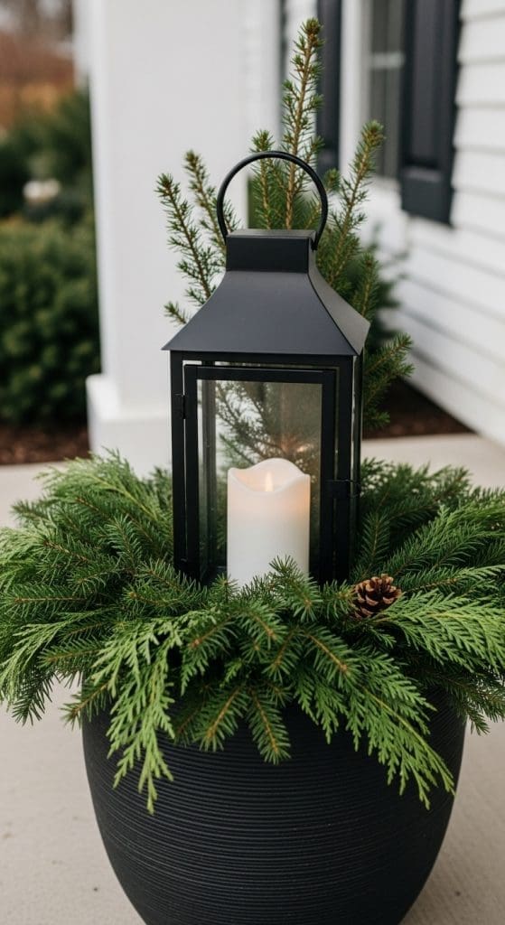 black metal lantern with LED candle in planter with evergreens