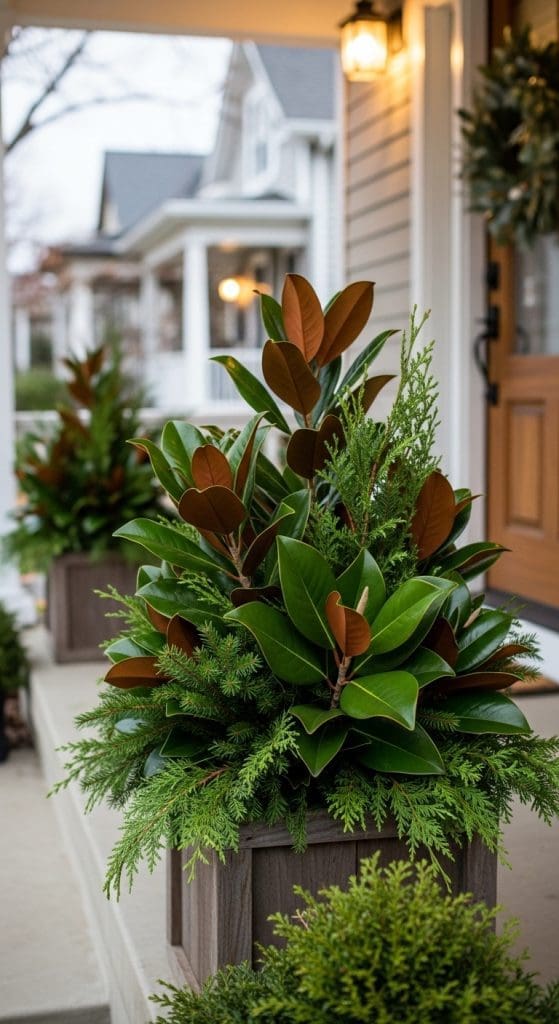 magnolia leaves mixed with evergreens in a winter planter on front porch 