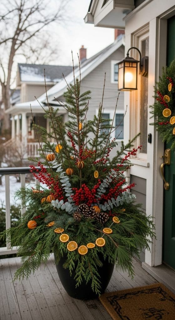 dried citrus garland on evergreens with red berries