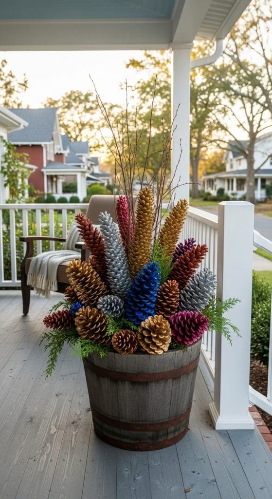 spray painted pinecones in blue, orange and red in a barrel style planter