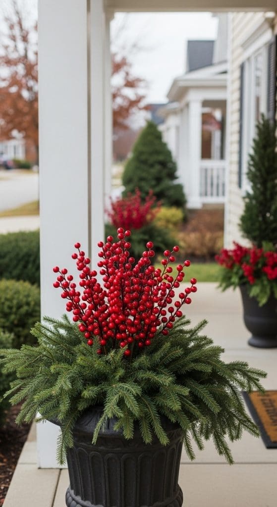 red berries in a planter with evergreens