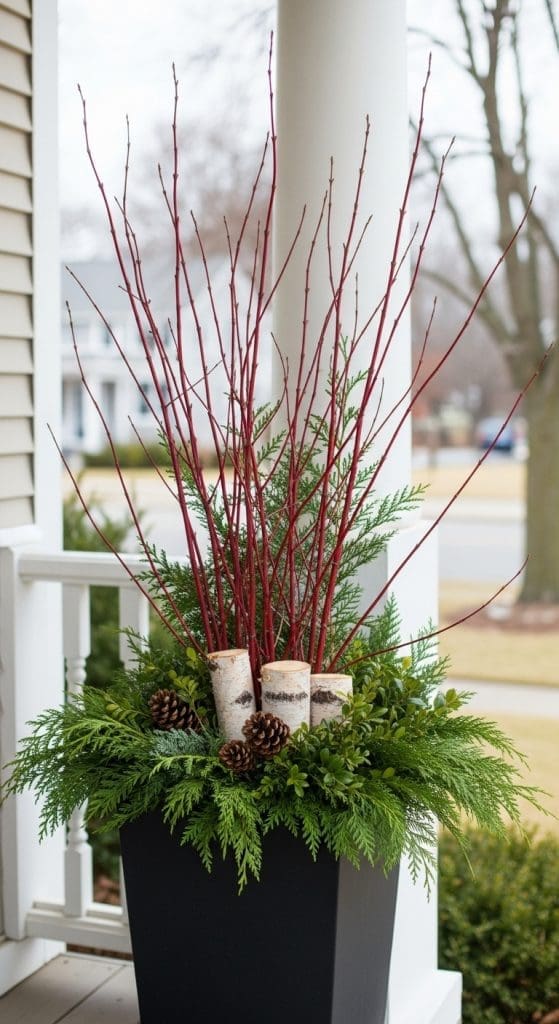 red twig dogwood accents in a winter planter