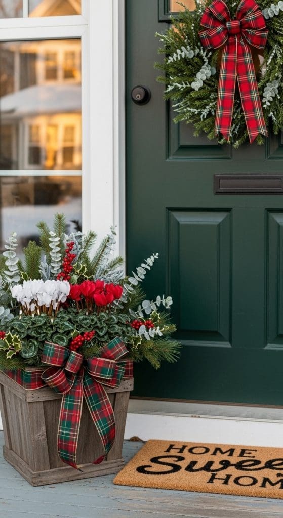 oversized plaid bow on a planter and on a matching wreath on front door