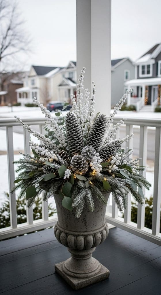 pinecones and white branches in a planter in a snowy neighbourhood on front porch 