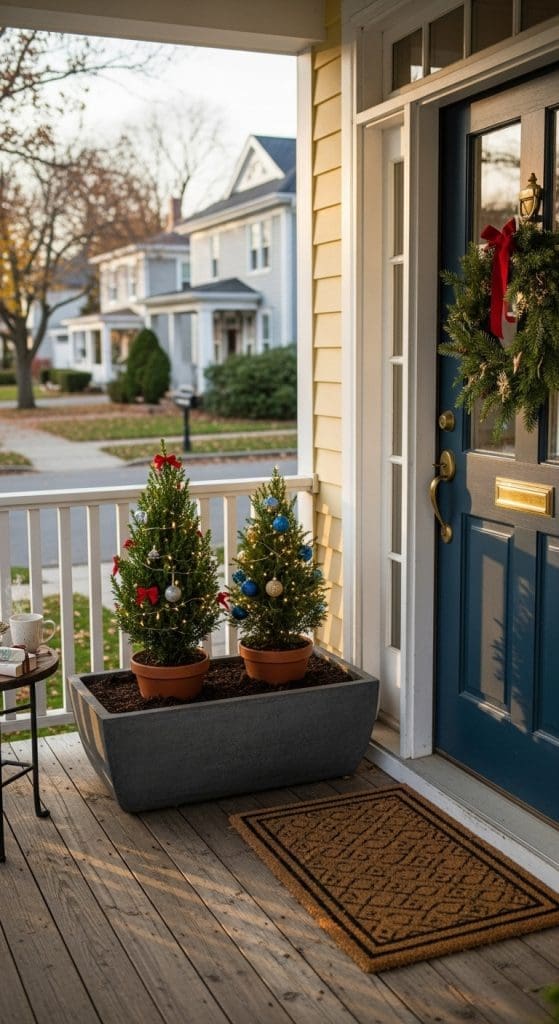 mini christmas trees in orange pots on a long planter on front porch Winter Planter Ideas
