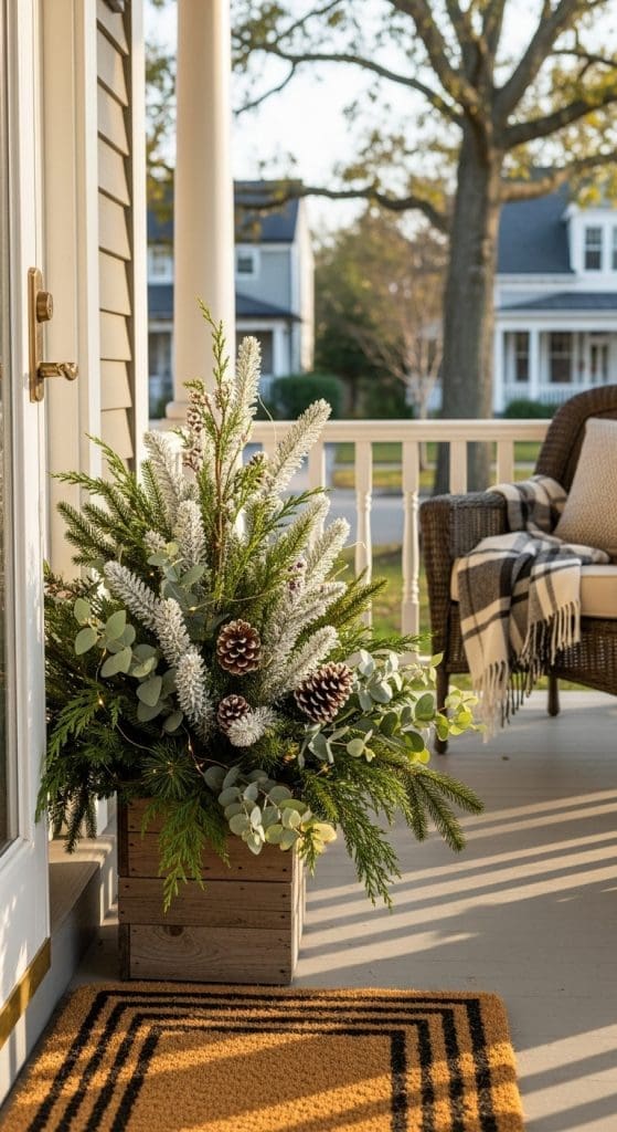 white tipped evergreens in a rustic crate on front porch