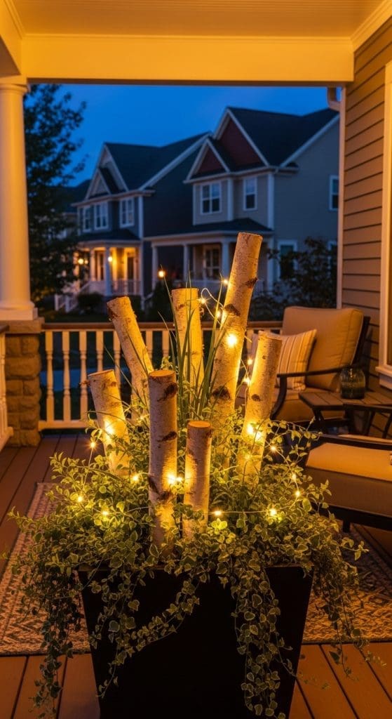 planter with string lights on front porch