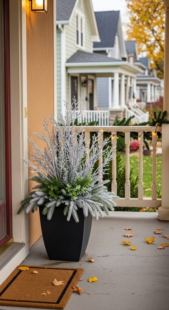 silver tipped branches and evergreens in a black planter on the front porch 