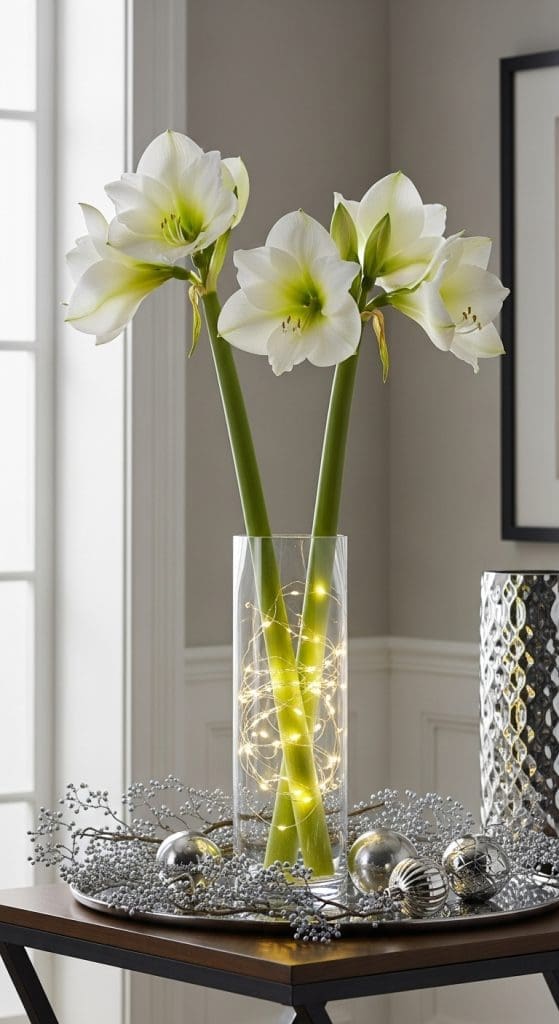 Amaryllises in a tall glass vase with twinkle fairy lights wrapped around stems