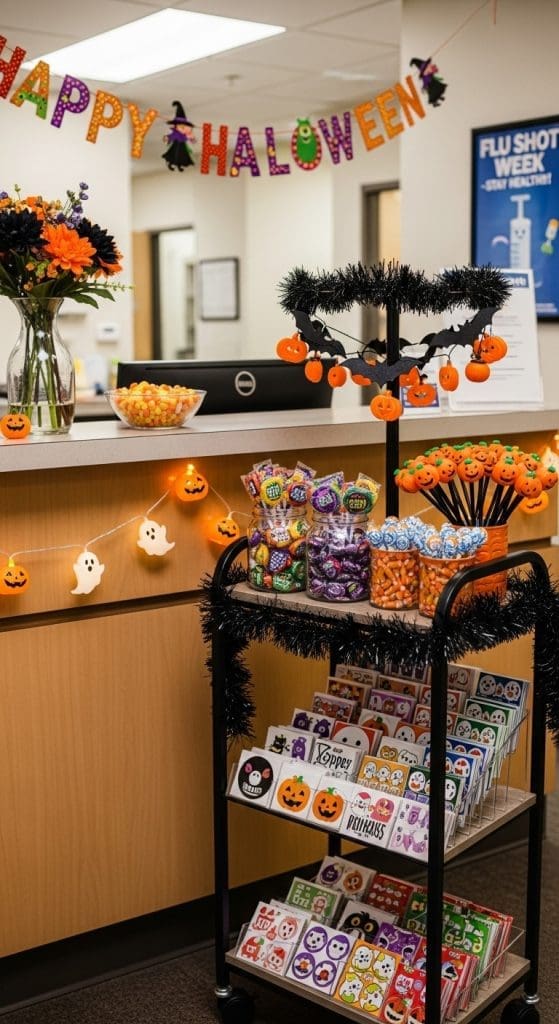 a black cart full of Halloween stickers and lollipops for Doctors Office Halloween Decor