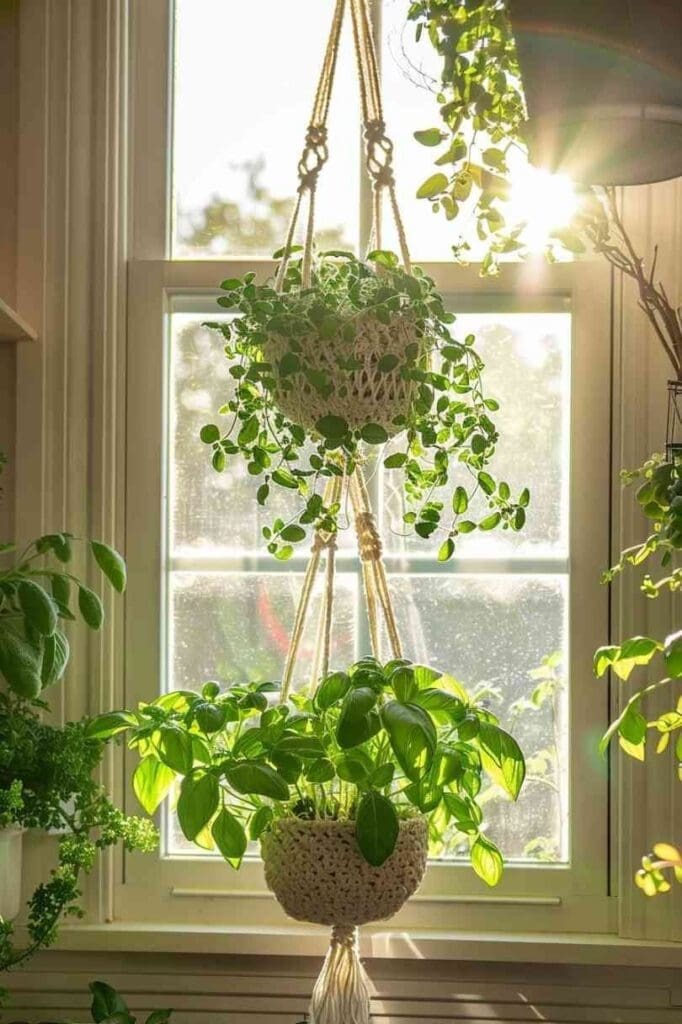 macrame holders with herbs planted hanging in front of window