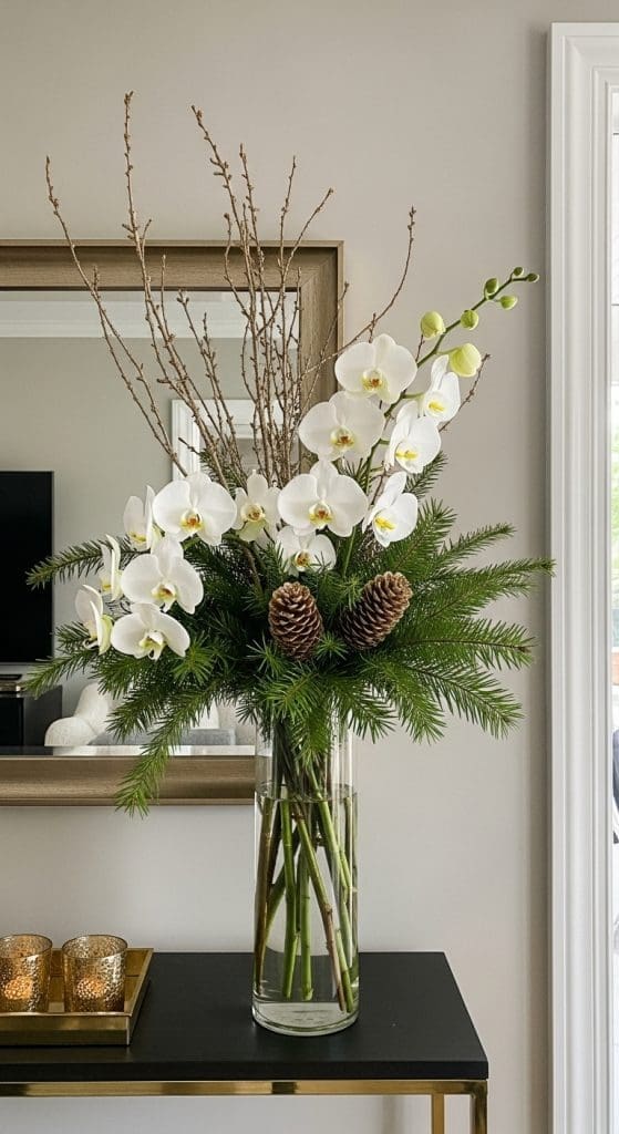 white orchids with pinecones in a tall vase with twigs for an elegant Christmas winter floral arrangement
