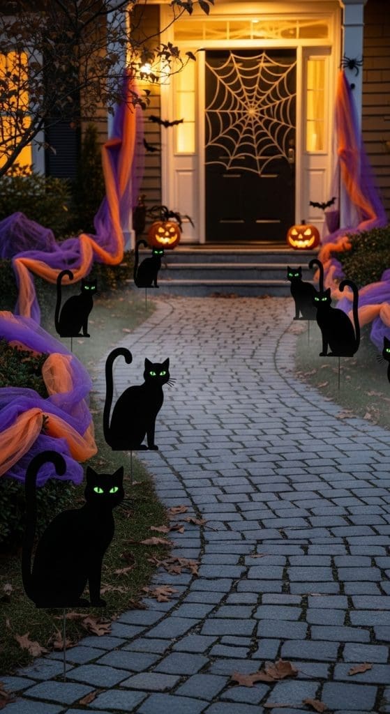 black cat shapes with orange and purple tulle leading up to the front of a house for halloween 