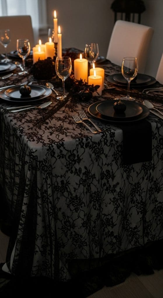 last minute halloween decor by using a lace sheet or table cloth