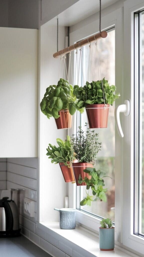 herbs hanging in copper buckerts in front of window