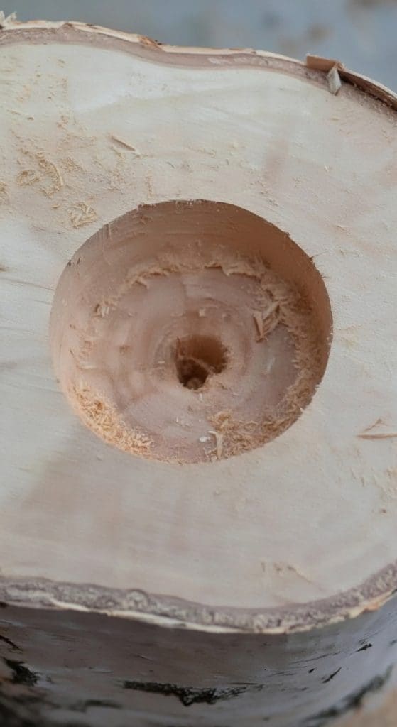 hole cut into a log for a tealight to be placed