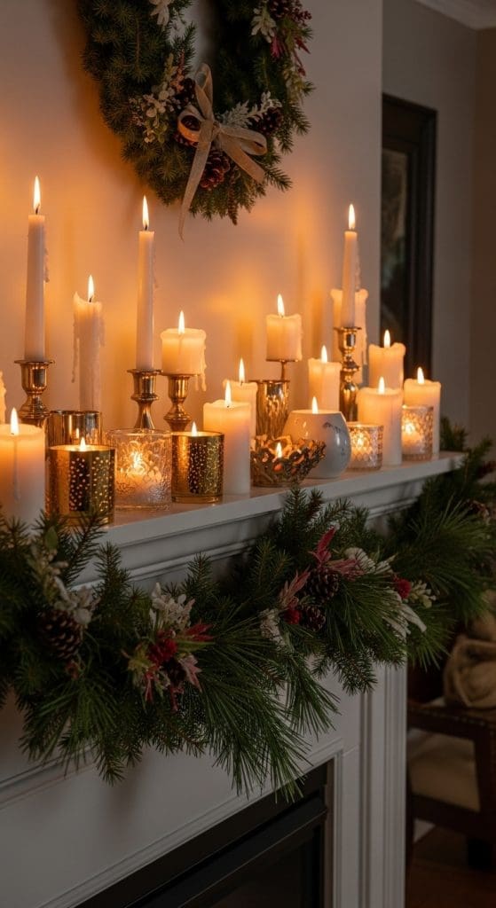 Candles of different heights layered across a fireplace Affordable Mantle Christmas Decor