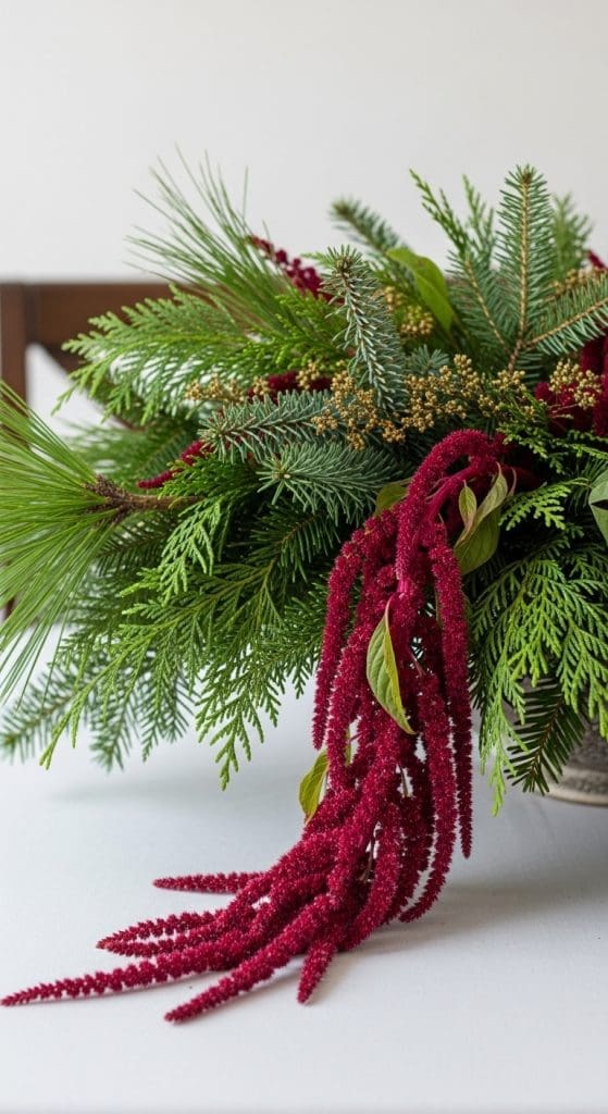 different evergreens styled and placed in a vase with red amaranth for a Christmas winter floral arrangement