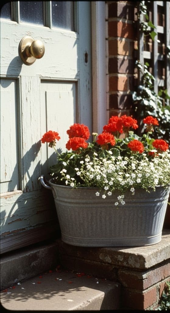 Galvanized silver bucket with red and white geraniums