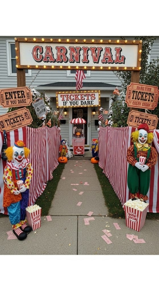 Halloween Walkway Ideas of carnival decor with red and white sheets and clowns