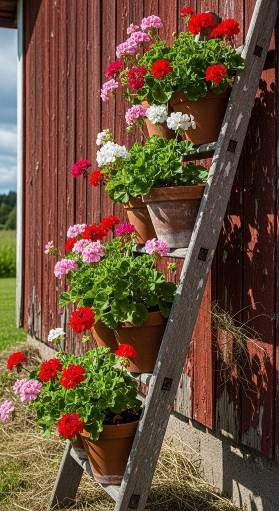 Old wooden ladder upcycled with terracotta pots on the steps and flowers
