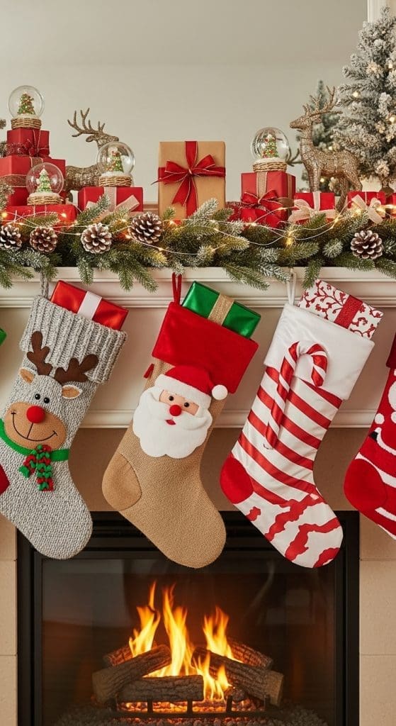 different texture christmas stockings hung in front of a fireplace