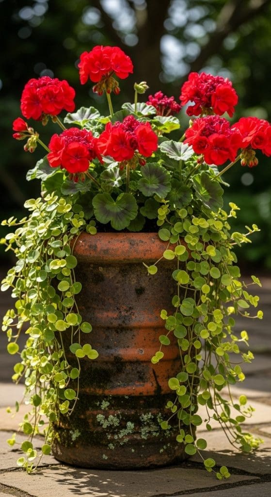 Old clay chimney pot with red geraniums planted inside