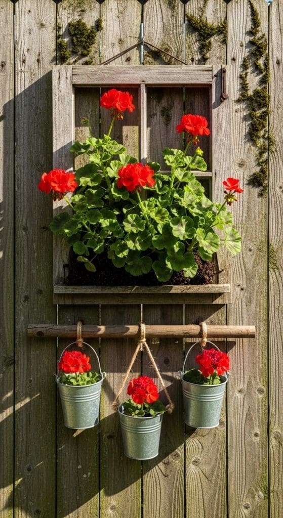 old window frame with red geranium planted 