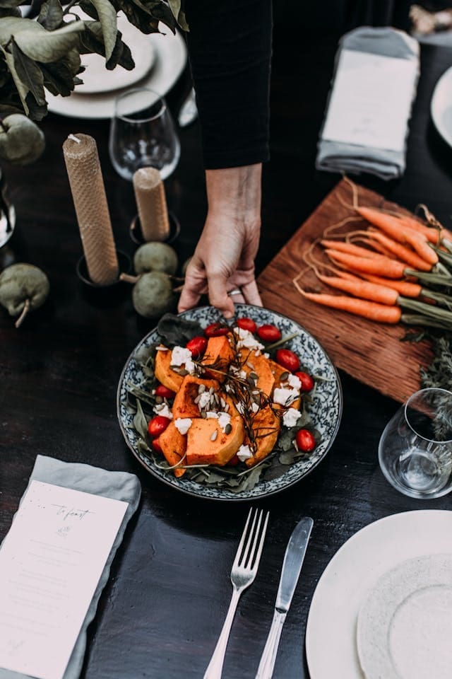 Fall Harvest Salad ideas you can make with butternut squash with tomatoes and feta cheese
