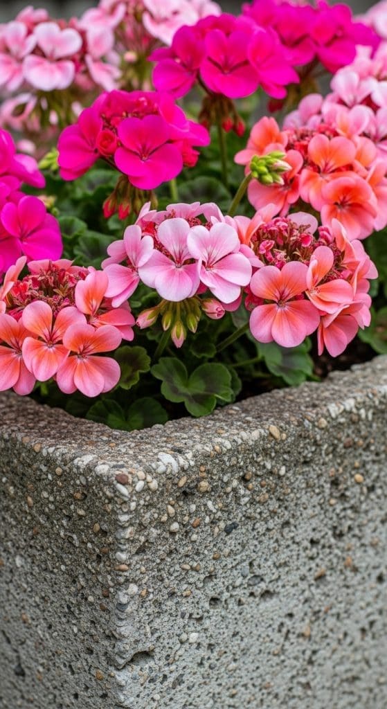 Concrete planter with red and pink geraniums planted inside