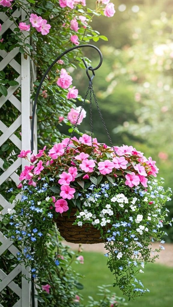 Geraniums inside a hanging basket with trailing florals 