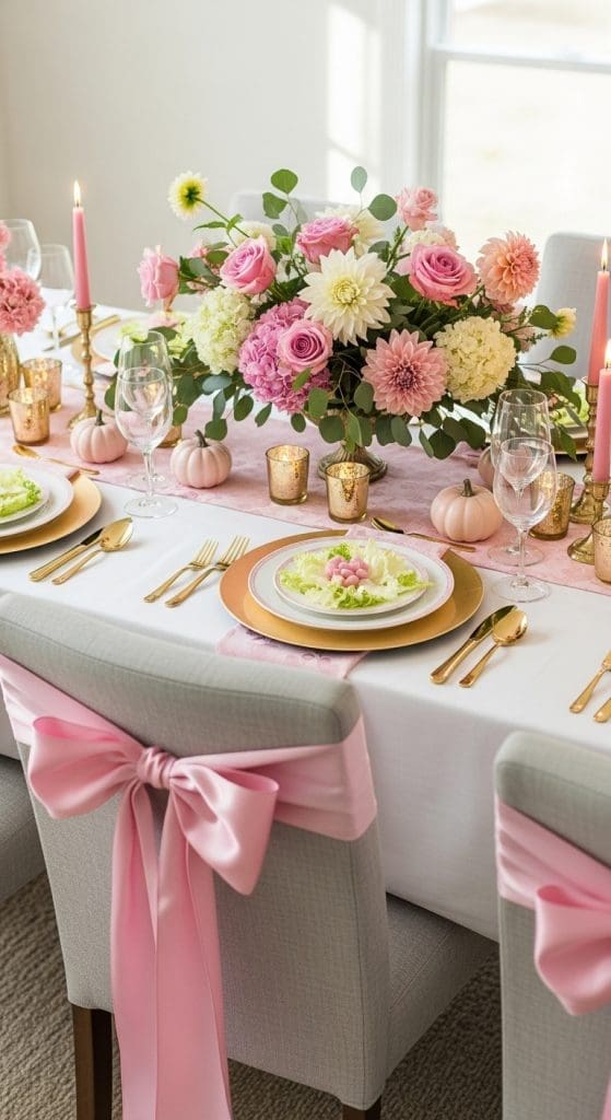 pink ribbons tied to the back of dining room chairs at a pink thanksgiving tablescape