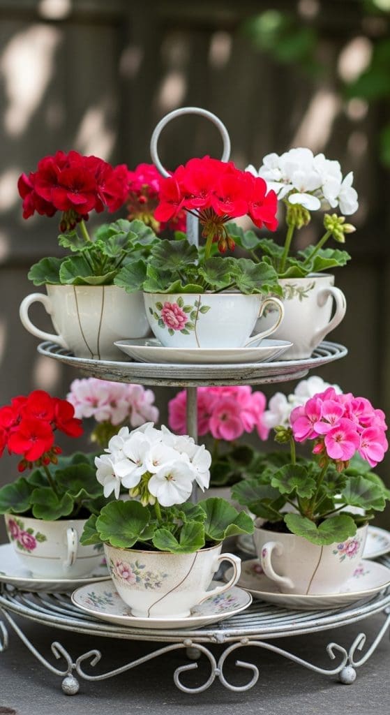 Old metal cake stand with vintage china cups used as geranium planters