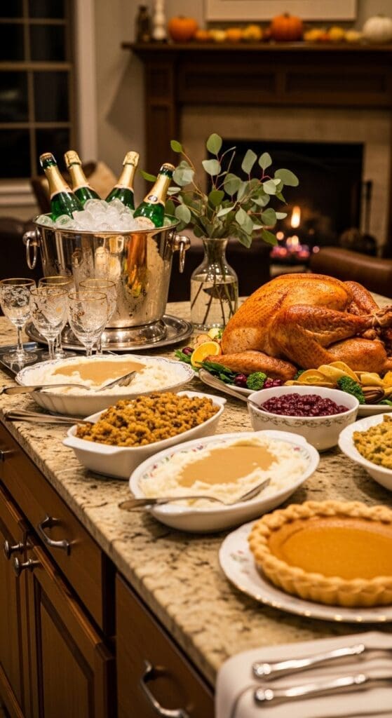 a vintage style ice bucket with drinks inside and elegant drinking glasses on a kitchen island Thanksgiving buffet setup