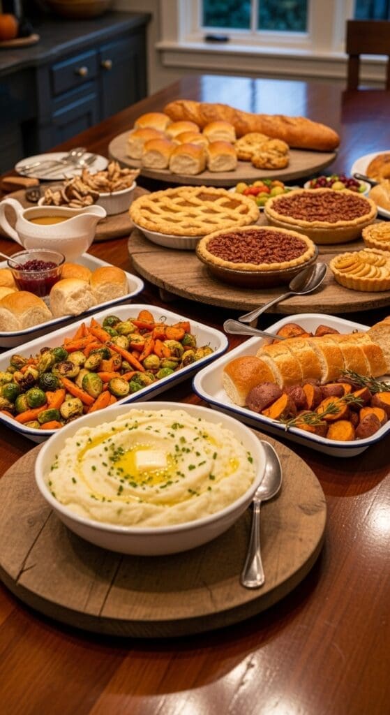 rustic wooden serving platters for a thanksgiving buffet setup