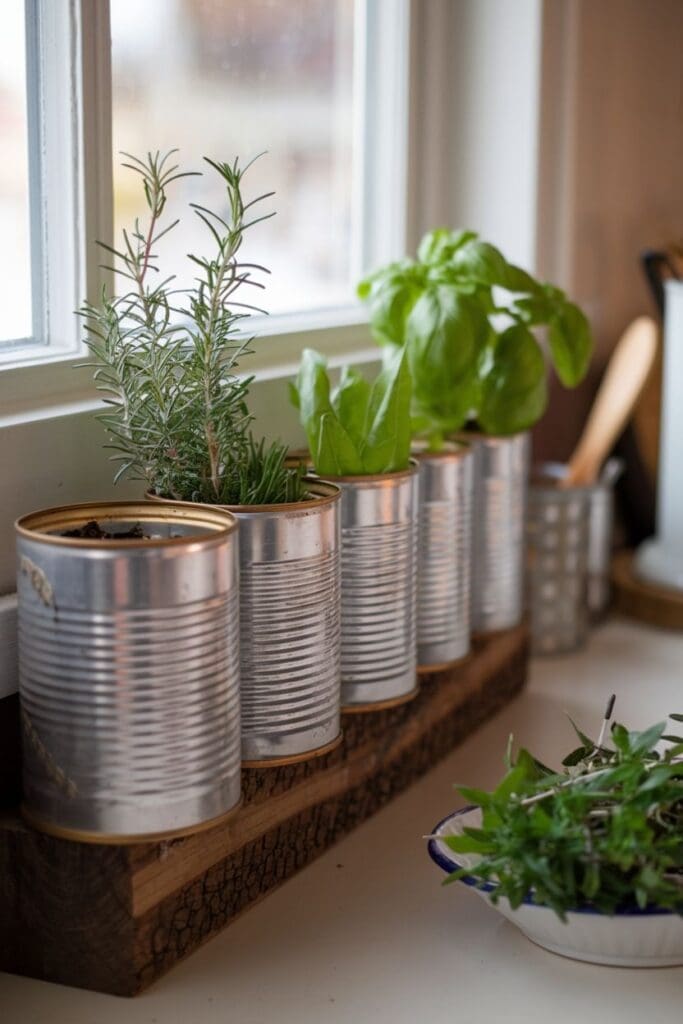 Old tin cans used as herb planter