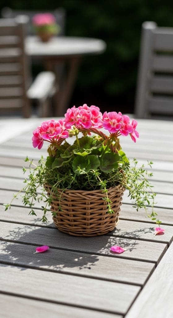 mini wicker basket on a patio table used as a geranium planter