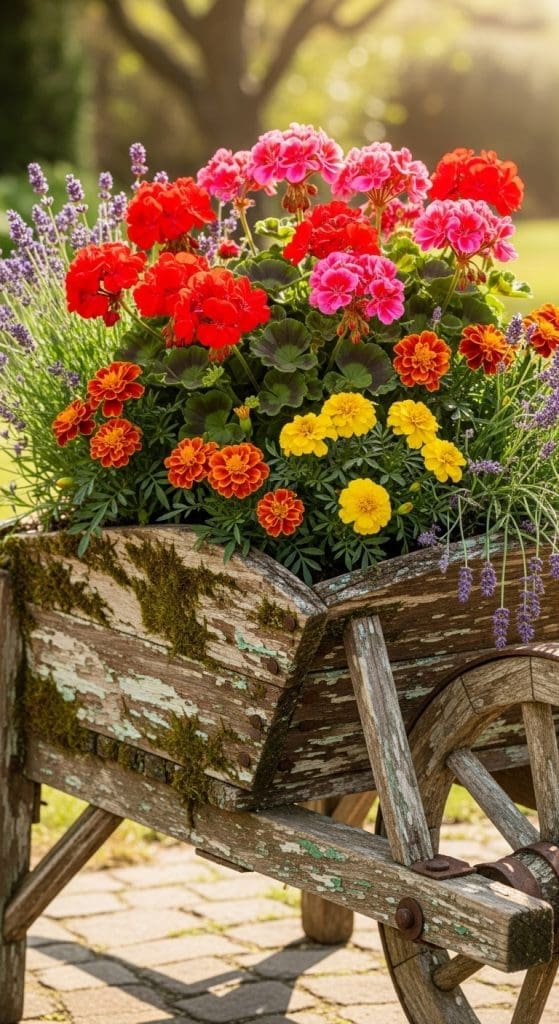 Old wooden Wheelbarrow used as a geranium planter with red and pink geraniums