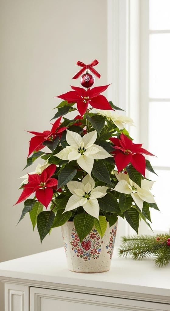 peonies in red and white styled to look like a mini christmas tree