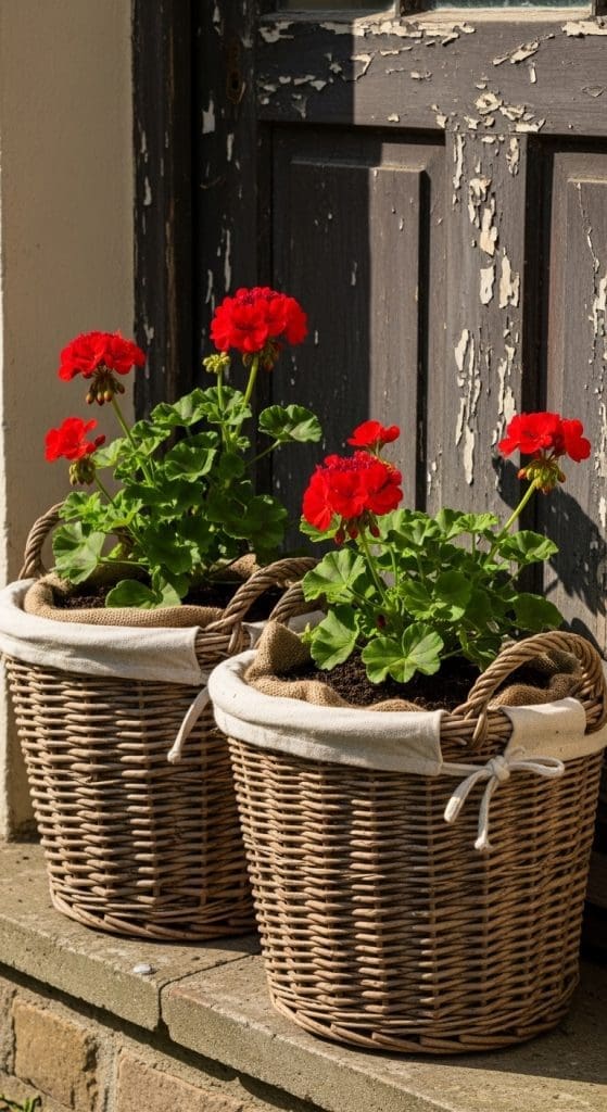 Wicker laundry baskets with red geraniums and burlap filling